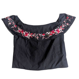 Lucy Paris | Linen-blend Floral Embroidered Off-The-Shoulder Top L Boho Peasant